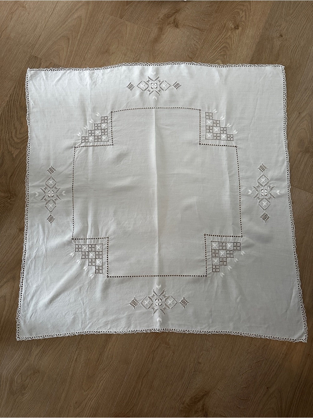 Vintage White Hardanger Tablecloth Hand Embroidered Cutwork Table Topper 36"x36"